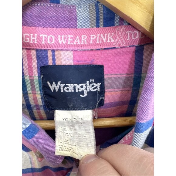 Wrangler Men 2XL Breast Cancer Pink Embroidered Check Button Shirt Long Sleeve - Picture 3 of 4